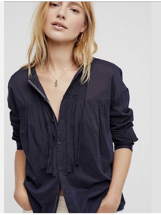 Free People Tops - Free People Breezy Navy Hooded Button-Front Blouse